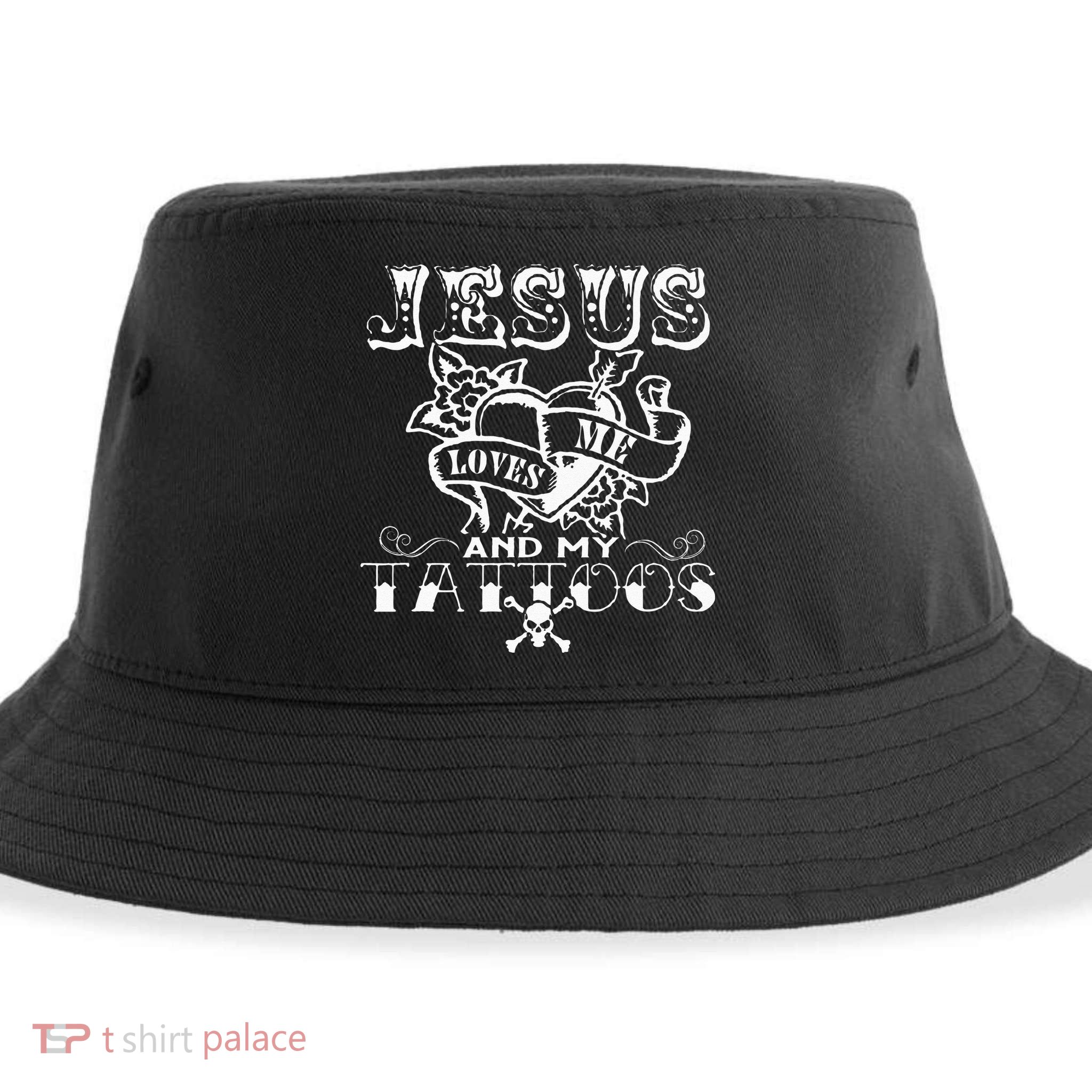 Jesus Loves Me & My Tattoos Christian Jesus God Tattoo Lover Sustainable Bucket Hat