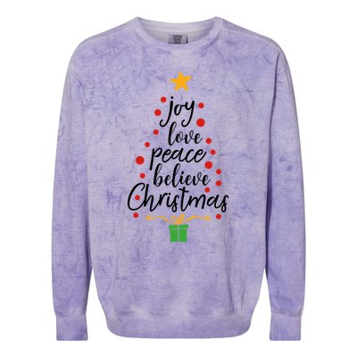 Joy Love Peace Believe Christmas Tree Star Gift Simple Funny Gift Colorblast Crewneck Sweatshirt