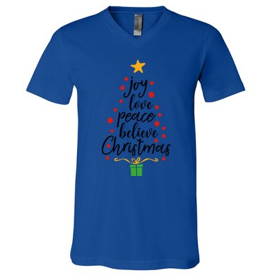 Joy Love Peace Believe Christmas Tree Star Gift Simple Funny Gift V-Neck T-Shirt