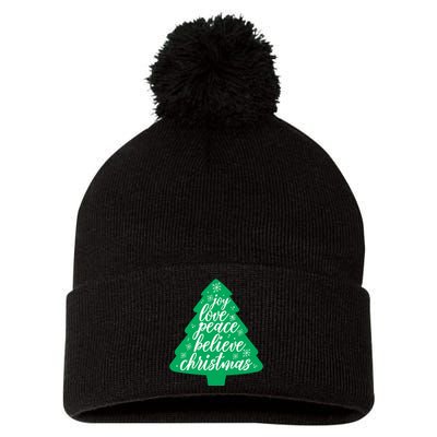 Joy Love Peace Believe Christmas Tree Pom Pom 12in Knit Beanie