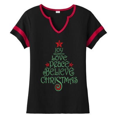 Joy Love Peace Believe Christmas Gift Xmas Tree Funny Gift Ladies Halftime Notch Neck Tee