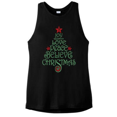 Joy Love Peace Believe Christmas Gift Xmas Tree Funny Gift Ladies PosiCharge Tri-Blend Wicking Tank