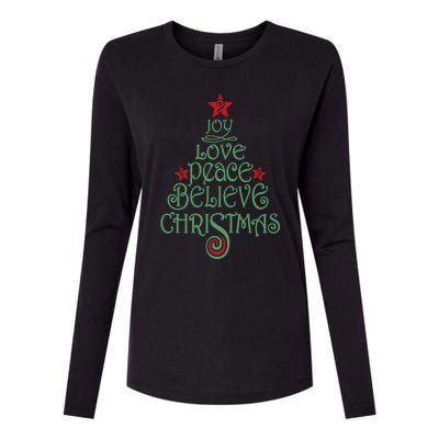 Joy Love Peace Believe Christmas Gift Xmas Tree Funny Gift Womens Cotton Relaxed Long Sleeve T-Shirt