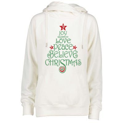 Joy Love Peace Believe Christmas Gift Xmas Tree Funny Gift Womens Funnel Neck Pullover Hood