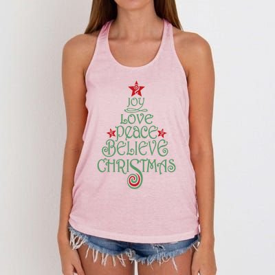 Joy Love Peace Believe Christmas Gift Xmas Tree Funny Gift Women's Knotted Racerback Tank