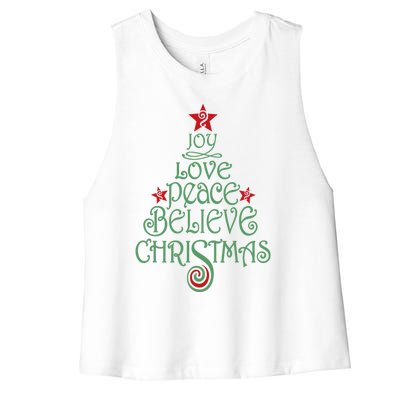 Joy Love Peace Believe Christmas Gift Xmas Tree Funny Gift Women's Racerback Cropped Tank