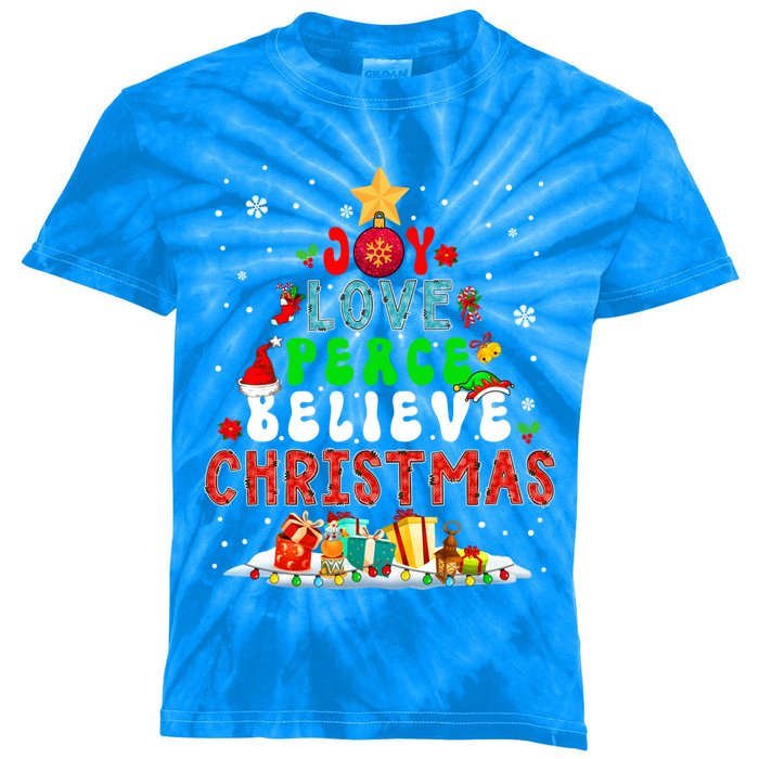 Joy Love Peace Believe Christmas Santa Elf Xmas Tree Family Cute Gift Kids Tie-Dye T-Shirt