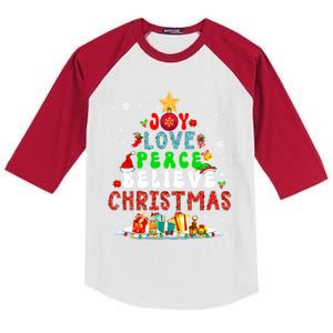 Joy Love Peace Believe Christmas Santa Elf Xmas Tree Family Cute Gift Kids Colorblock Raglan Jersey