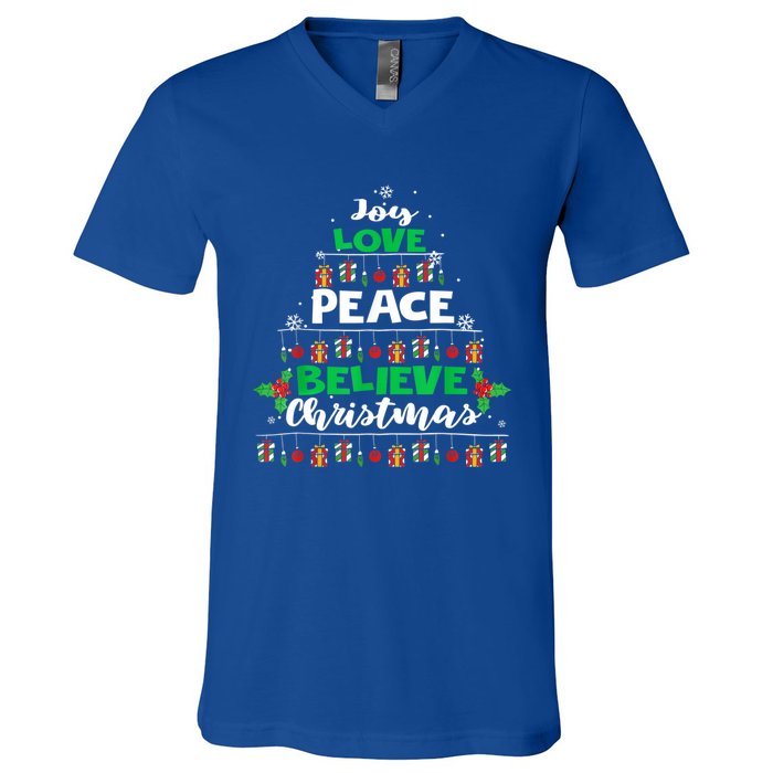 Joy Love Peace Believe Christmas Tree Pajama Xmas Holiday Cool Gift V-Neck T-Shirt