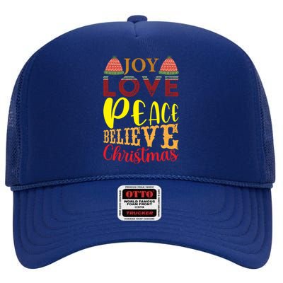 Joy Love Peace Believe Christian Ugly Christmas Sweater Meaningful Gift High Crown Mesh Back Trucker Hat