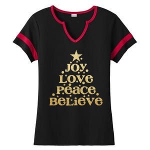 Joy Love Peace Believe Christmas Tree Ladies Halftime Notch Neck Tee