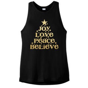 Joy Love Peace Believe Christmas Tree Ladies PosiCharge Tri-Blend Wicking Tank