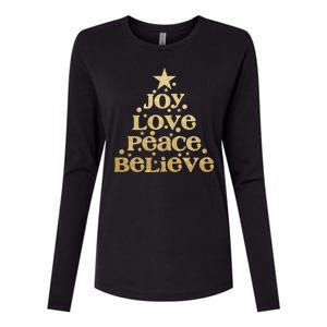 Joy Love Peace Believe Christmas Tree Womens Cotton Relaxed Long Sleeve T-Shirt