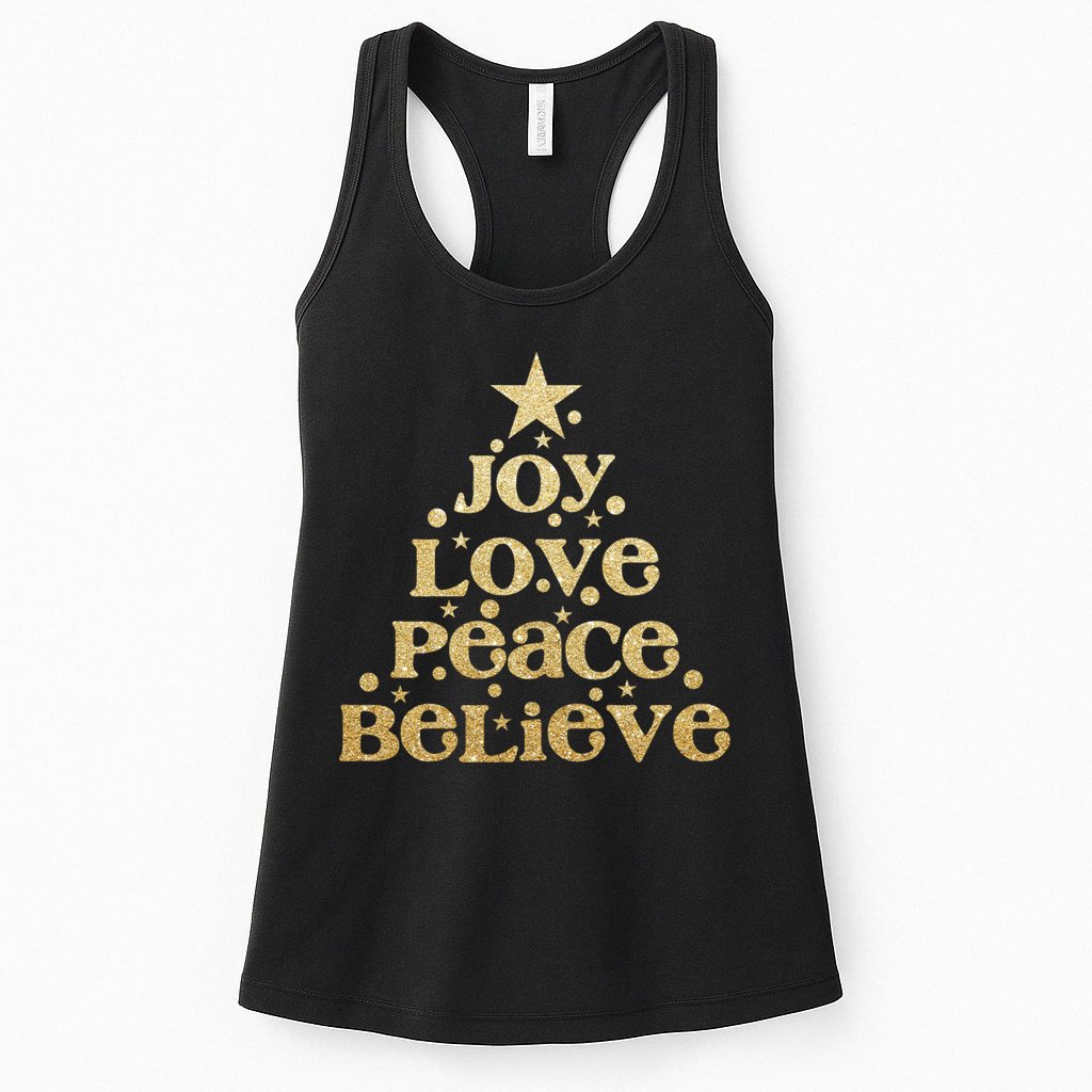Joy Love Peace Believe Christmas Tree Womens Tank Top