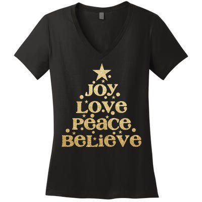 Joy Love Peace Believe Christmas Tree Women's V-Neck T-Shirt