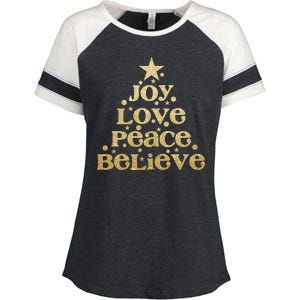 Joy Love Peace Believe Christmas Tree Enza Ladies Jersey Colorblock Tee