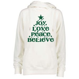 Joy Love Peace Believe Christmas Tree Womens Funnel Neck Pullover Hood