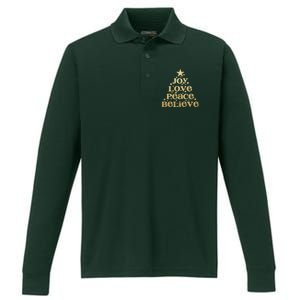 Joy Love Peace Believe Christmas Tree Performance Long Sleeve Polo