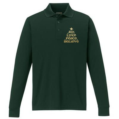 Joy Love Peace Believe Christmas Tree Performance Long Sleeve Polo