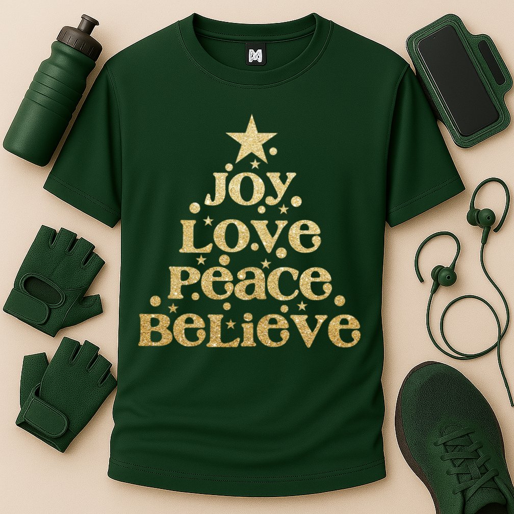 Joy Love Peace Believe Christmas Tree Cooling Performance Crew T-Shirt