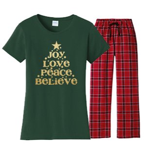 Joy Love Peace Believe Christmas Tree Women's Flannel Pajama Set