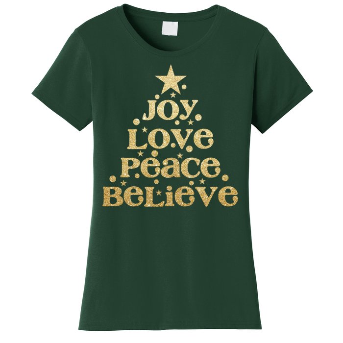 Joy Love Peace Believe Christmas Tree Women's T-Shirt