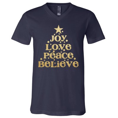 Joy Love Peace Believe Christmas Tree V-Neck T-Shirt