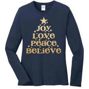 Joy Love Peace Believe Christmas Tree Ladies Long Sleeve Shirt