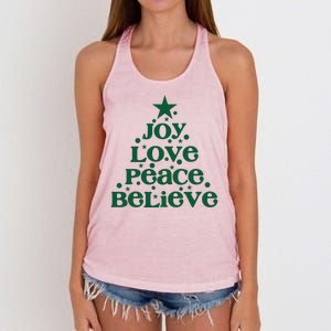 Joy Love Peace Believe Christmas Tree Women's Knotted Racerback Tank