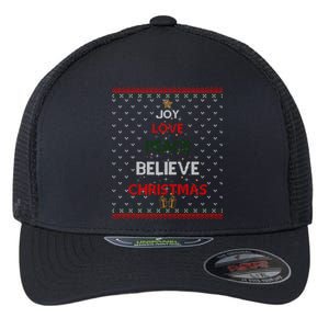 Joy Love Peace Believe Christmas Tree Festive Holiday Ugly Gift Flexfit Unipanel Trucker Cap