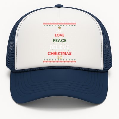 Joy Love Peace Believe Christmas Tree Festive Holiday Ugly Gift Trucker Hat