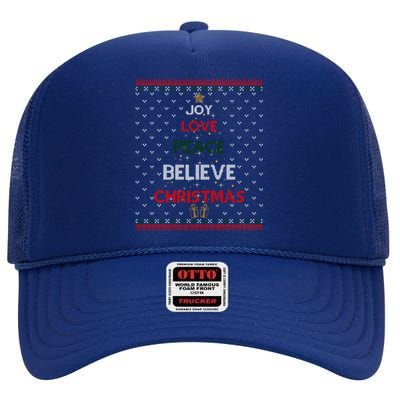 Joy Love Peace Believe Christmas Tree Festive Holiday Ugly Gift High Crown Mesh Back Trucker Hat