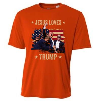 Jesus Loves Trump 2024 Donald Trump Rally 2024 Fist Cooling Performance Crew T-Shirt