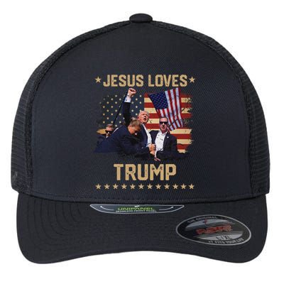 Jesus Loves Trump 2024 Strong Support Flexfit Unipanel Trucker Cap