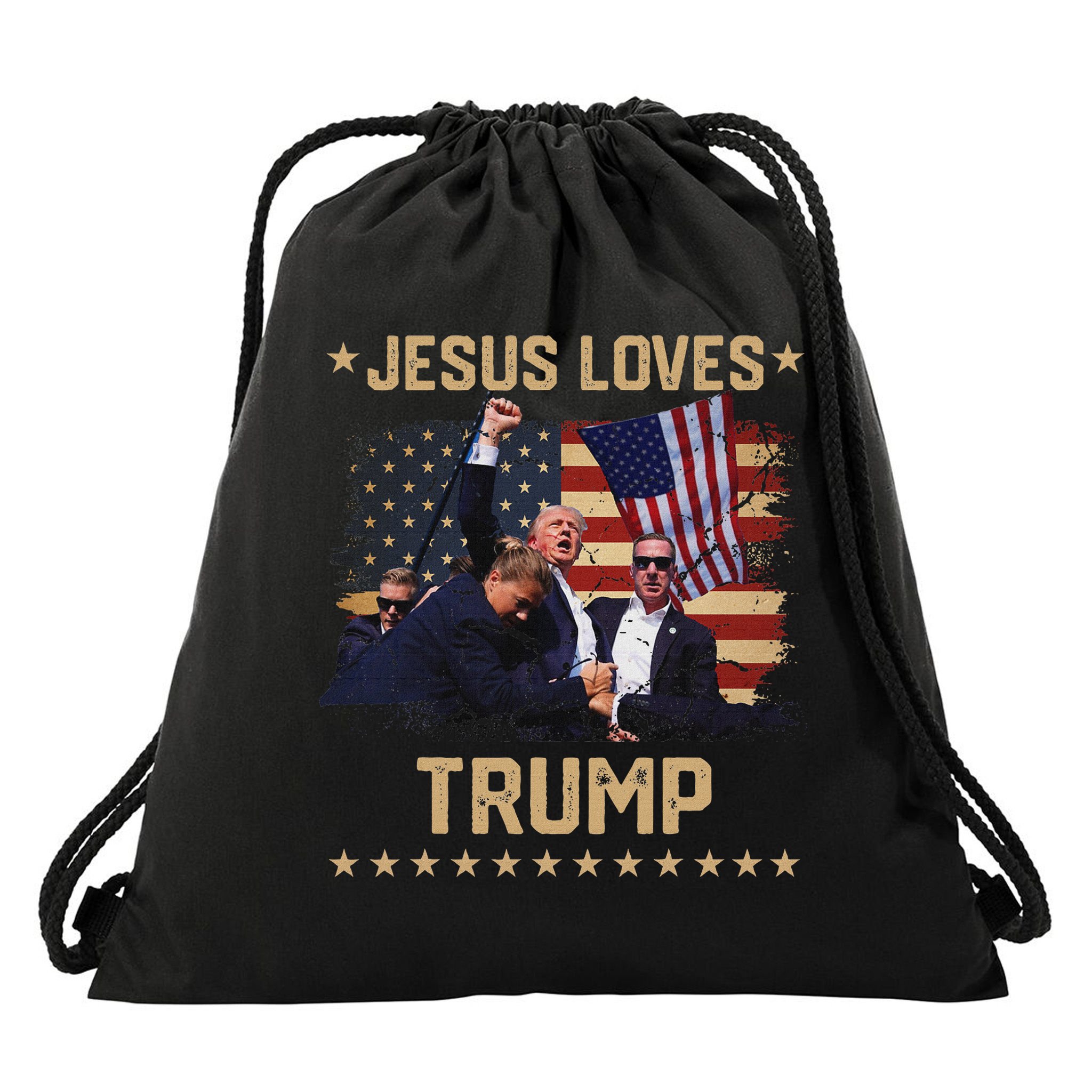 Jesus Loves Trump 2024 Strong Support Drawstring Bag