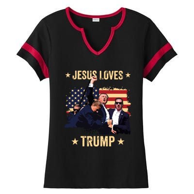 Jesus Loves Trump 2024 Donald Trump Rally 2024 Fist Ladies Halftime Notch Neck Tee