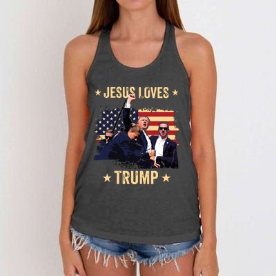 Jesus Loves Trump 2024 Donald Trump Rally 2024 Fist Women's Knotted Racerback Tank