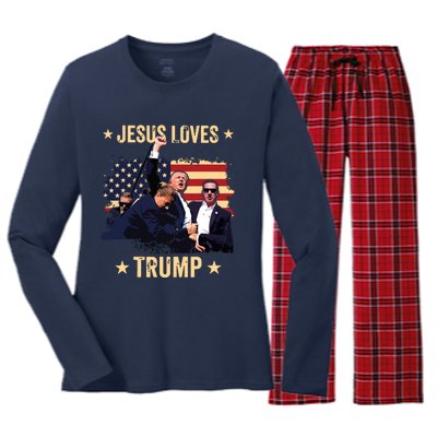 Jesus Loves Trump 2024 Donald Trump Rally 2024 Fist Women's Long Sleeve Flannel Pajama Set 