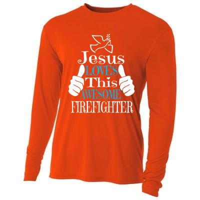 Jesus Loves This Awesome Firefighter Religious Christian Cute Gift Cooling Performance Long Sleeve Crew