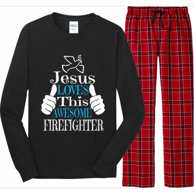 Jesus Loves This Awesome Firefighter Religious Christian Cute Gift Long Sleeve Pajama Set