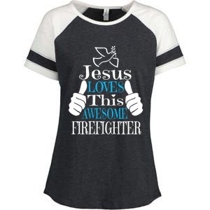 Jesus Loves This Awesome Firefighter Religious Christian Cute Gift Enza Ladies Jersey Colorblock Tee