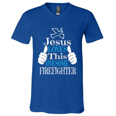 Jesus Loves This Awesome Firefighter Religious Christian Cute Gift V-Neck T-Shirt