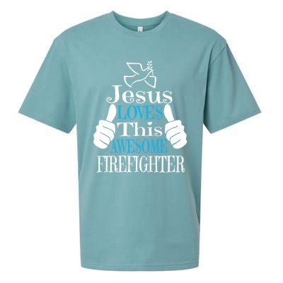 Jesus Loves This Awesome Firefighter Religious Christian Cute Gift Sueded Cloud Jersey T-Shirt