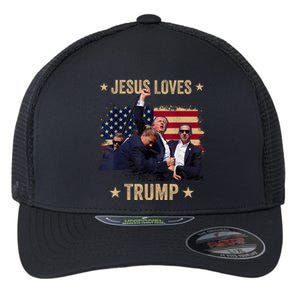 Jesus Loves Trump 2024 Donald Trump Rally 2024 Fist Flexfit Unipanel Trucker Cap