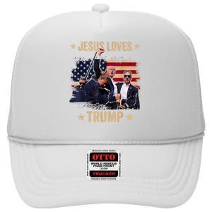 Jesus Loves Trump 2024 Donald Trump Rally 2024 Fist High Crown Mesh Back Trucker Hat