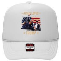 Jesus Loves Trump 2024 Donald Trump Rally 2024 Fist High Crown Mesh Back Trucker Hat