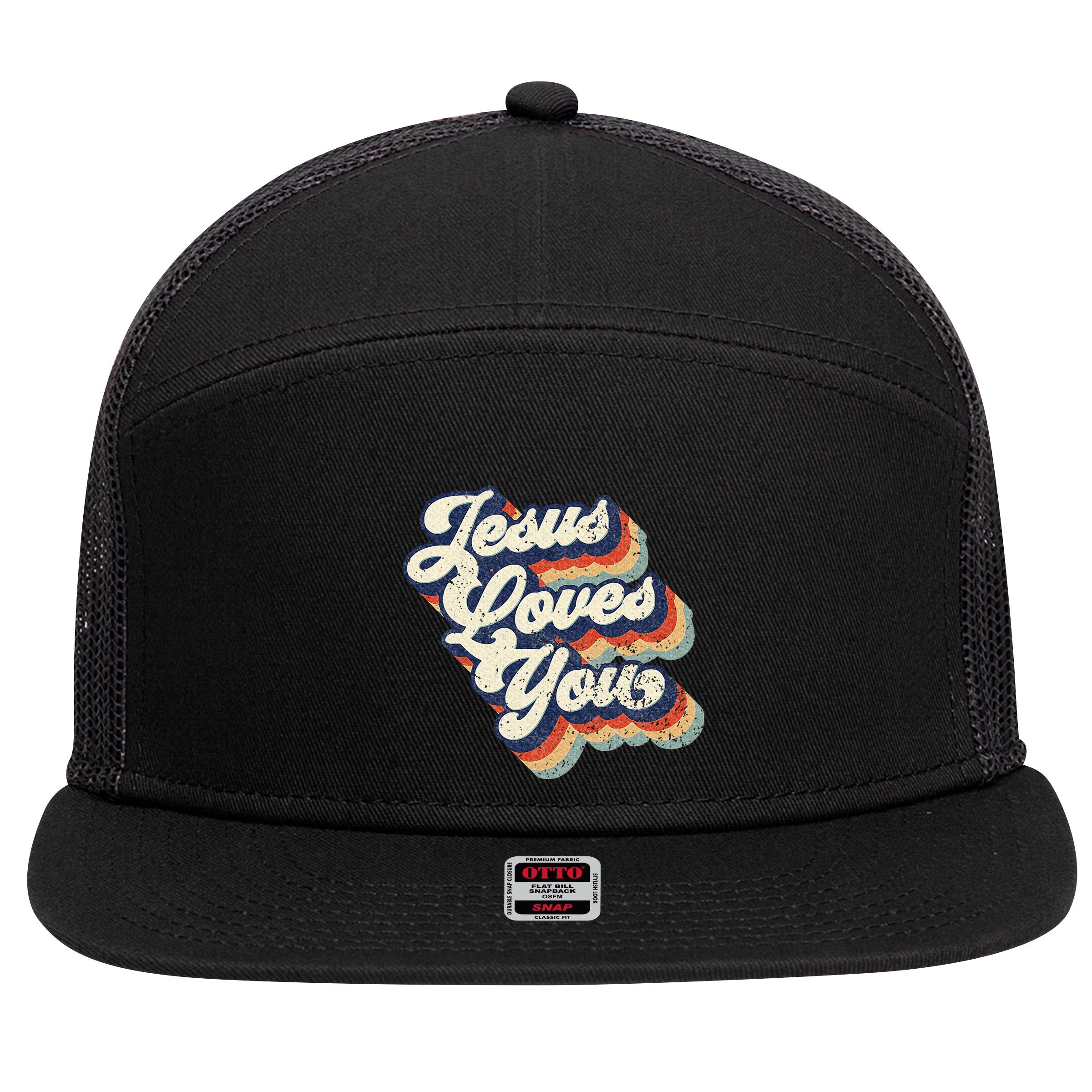 Jesus Loves You 7 Panel Mesh Trucker Snapback Hat