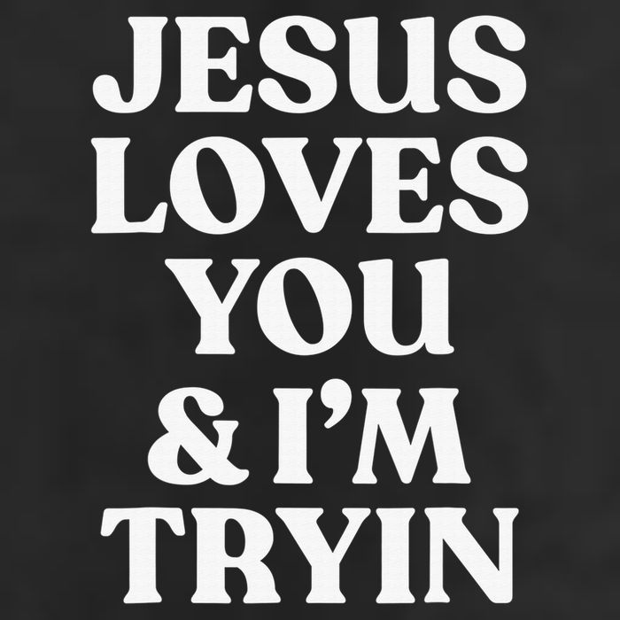 Jesus Loves You & I'm Trying Funny Christian Saying  7 Panel Mesh Trucker Snapback Hat