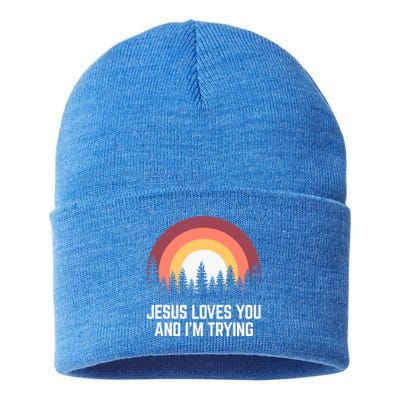 Jesus Loves You And I'm Trying Great Gift Christian Gift Sustainable Knit Beanie