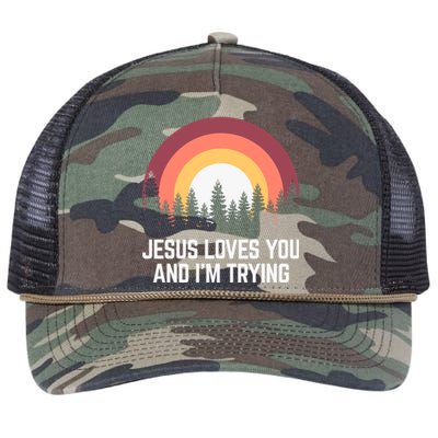 Jesus Loves You And I'm Trying Great Gift Christian Gift Retro Rope Trucker Hat Cap